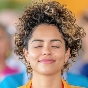 En person med lockigt hår sitter lugnt med slutna ögon och ler, medan DISTANSUTBILDNING TILL STRESTERAPEUT hjälper till att skapa en lugn eller meditativ atmosfär, med andra suddiga i bakgrunden.